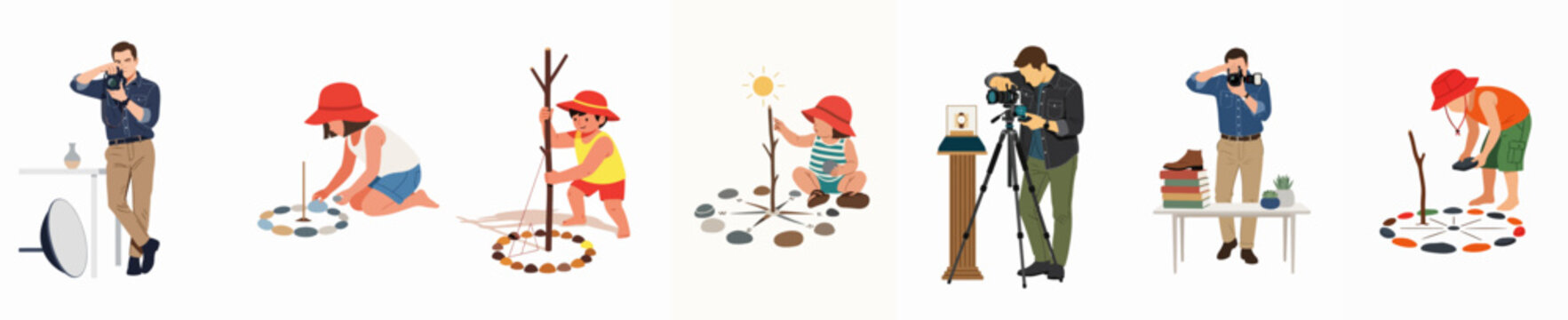 Flat Vector Illustration Set of Professional Photographers and Children Learning Science Using Sundials and Compasses on a White Background