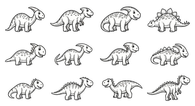 Cute cartoon dinosaurs in black and white sketch style