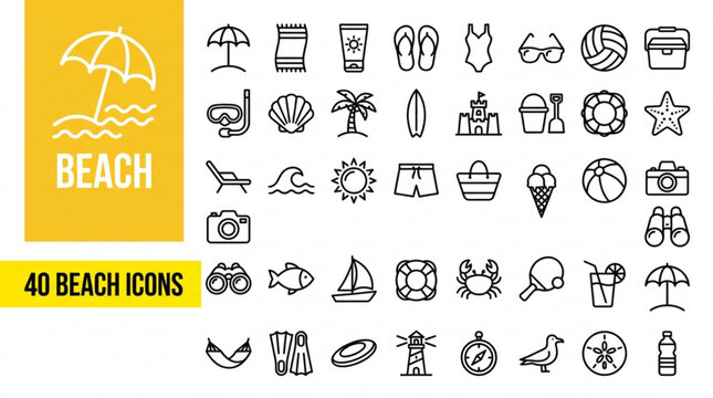Collection of 40 minimalist beach icons on white background, including symbols for summer vacation and travel.