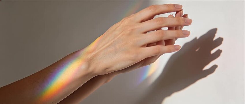 Colorful prism light on gentle female hands and pastel skin casting soft shadow on white wall, peaceful minimal art composition with natural glow and delicate rainbow reflection detail