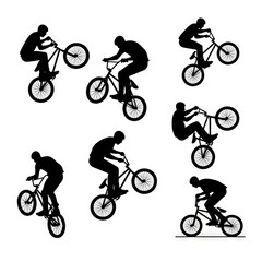 Obraz premium Collection of BMX freestyle rider silhouettes featuring bicycle stunt tricks, jumps, and extreme sports action poses in full black vector style. Perfect for sports branding, posters, apparel, skatepar