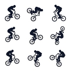 Obraz premium Collection of BMX freestyle rider silhouettes featuring bicycle stunt tricks, jumps, and extreme sports action poses in full black vector style. Perfect for sports branding, posters, apparel, skatepar