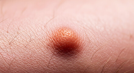 Fototapeta premium Macro view of a raised reddish skin growth with visible pores and fine hairs texture