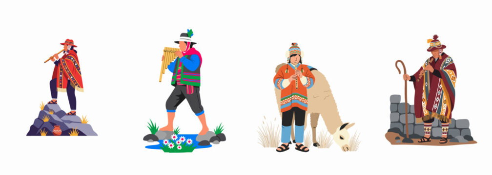 Illustrations of Andean people in traditional colorful clothing playing musical instruments like flutes and panpipes in various highland landscapes with a llama.
