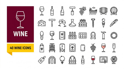 Obraz premium Collection of 40 wine icons on white background, including bottles, glasses, and grapes
