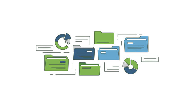 Organized digital assets collection with various colorful folders and circular chart elements depicting data analysis and information management concepts for business presentations and