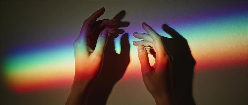 Colorful prism hands and fingers with rainbow light shadow and silhouette on wall minimal art photography gentle mood harmony abstract spectrum fantasy calm curiosity dream skin wrist nail