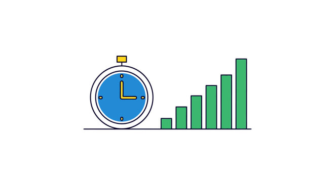 Visual representation of business growth and progress over time depicted by escalating bars and a timepiece signifying efficient time management and productivity