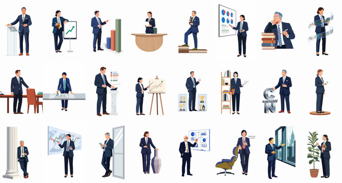 Large collection of business professionals in formal suits participating in various corporate activities such as presentations, data analysis, and office meetings.