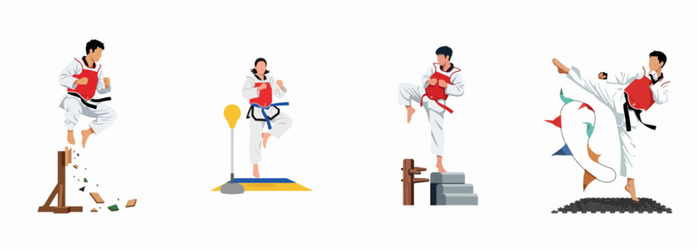 Set of taekwondo martial artists practicing kicks, breaking boards, and training in traditional doboks.