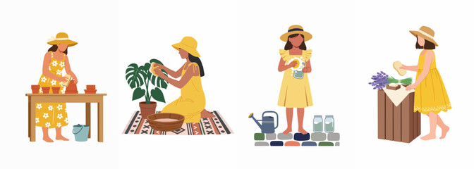 Fototapeta premium A collection of flat vector illustrations featuring women and girls in yellow dresses performing various gardening and household activities.
