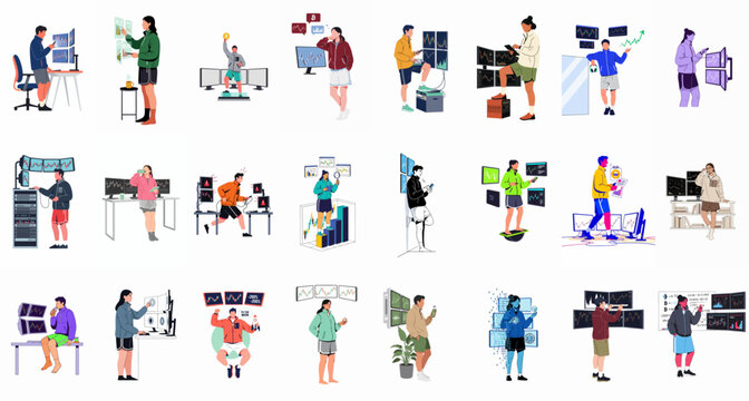 Comprehensive collection of diverse characters engaged in cryptocurrency and stock market trading with detailed charts and multiple monitor setups.