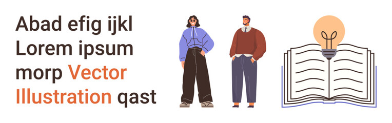 Education, creativity, learning, teamwork, fashion, modern design. Two stylish figures and an open book with a light bulb above it, surrounded by placeholder text. Education and creativity concepts © robu_s