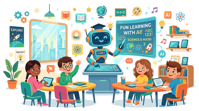 AI robot teaching children science and math in a futuristic classroom filled with colorful elements and educational charts for fun learning