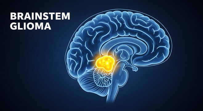 Medical illustration of a human brain with a glowing yellow brainstem glioma tumor