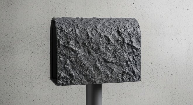 Charcoal grey textured plastic outdoor mailbox mounted on a post, featuring a rough stone-like surface