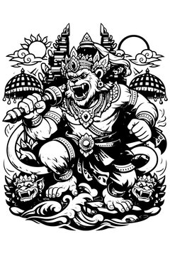 Hanuman Hindu Monkey God Balinese Vector Illustration,Intricate black and white vector illustration of Hanuman the monkey god in Balinese style featuring a temple background waves and traditional orna