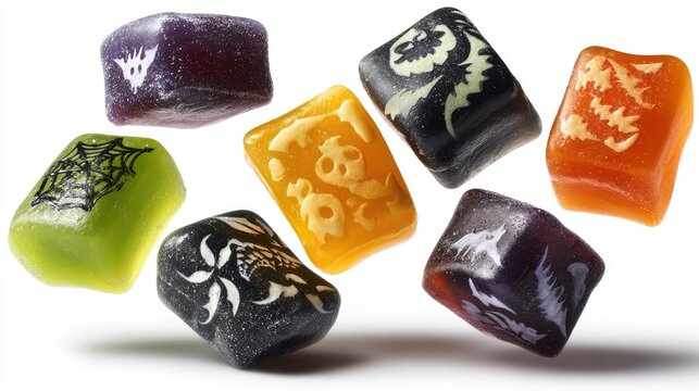 Assorted halloween fruit candies floating midair with spooky designs isolated on white background representing festive trick or treat sweets for seasonal celebration