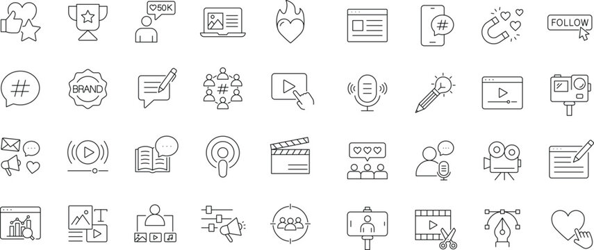Content creator icon set. Editable line icons