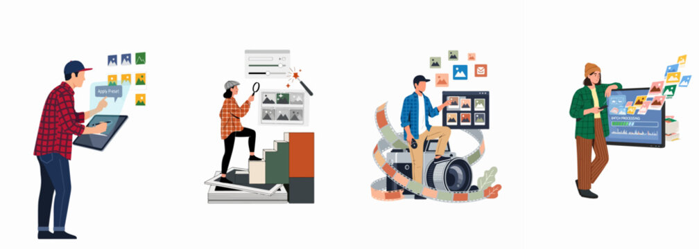 Set of illustrations depicting photographers and editors managing digital workflows, including batch processing, applying presets, and organizing photo galleries.