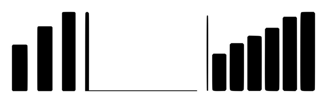 Bar chart icons set with solid black vector on white background featuring graph, statistics, presentation with data visualization and business analysis