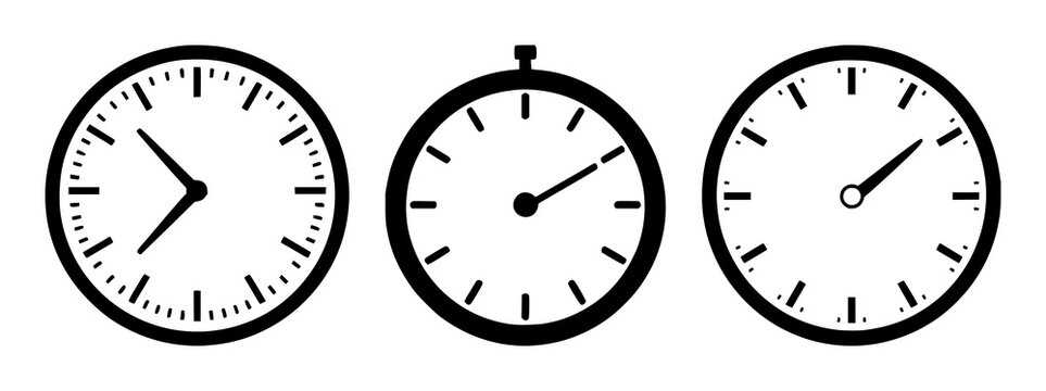 Clock time icon set with solid black color featuring a stopwatch, timer, alarm clock with a minute hand and an hour hand design