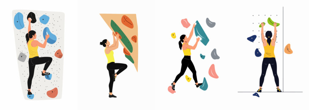 Set of flat vector illustrations of a woman rock climbing and bouldering on various indoor climbing walls with colorful holds