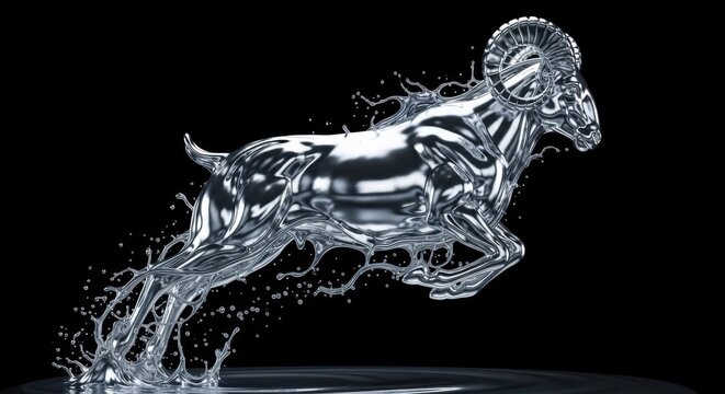 Dynamic Ram Figure Made of Splashing Water in Motion on a Black Background