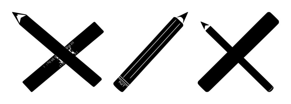 Pencil and ruler crossed set with solid black icon on white background featuring drawing, design, drafting with illustration and vector
