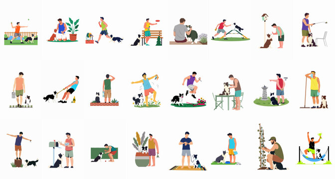 Collection of flat vector illustrations depicting men engaging in various activities, training, and bonding with their pet border collie dogs.