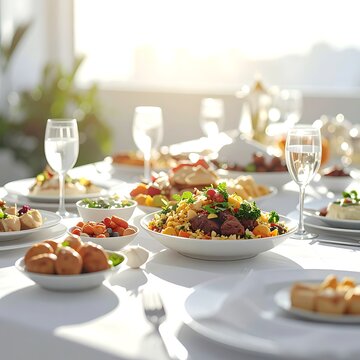 A brightly lit table set with various dishes and glasses (1)