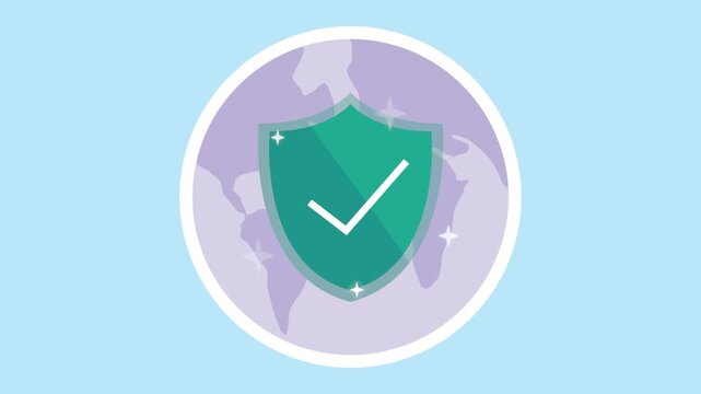 Global security shield animation over world map for cybersecurity concept and data protection motion graphics.