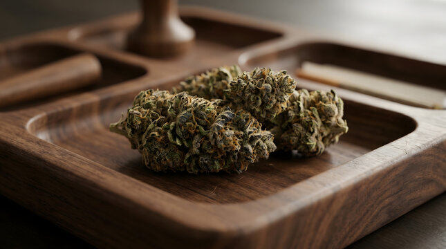 Premium Cannabis Buds and Pre-Roll on Elegant Wooden Tray