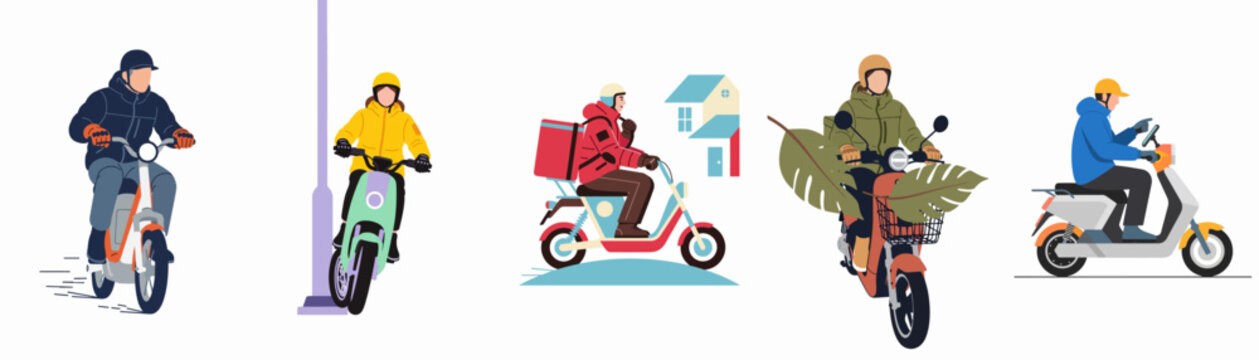 Vector illustration set of diverse people and couriers riding electric scooters and mopeds for delivery, commuting, and personal transport on white background.
