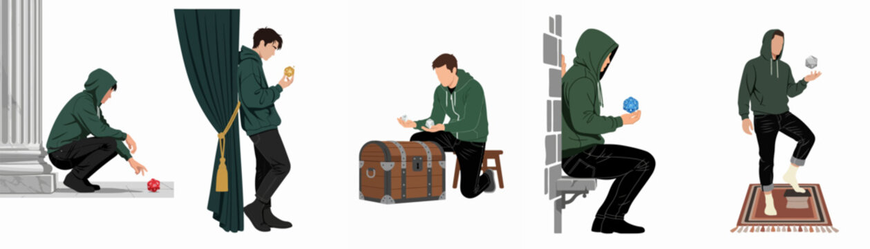 Flat vector illustration set of a young man in a green hoodie interacting with various polyhedral d20 dice in fantasy-themed scenarios.