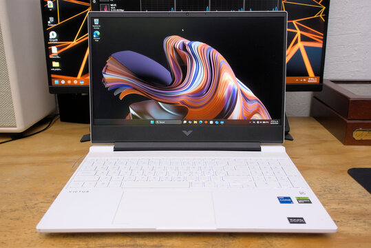 Zapopan Jalisco, Mexico - May 8, 2026: HP Victus laptop on wooden desk, gaming laptop concept