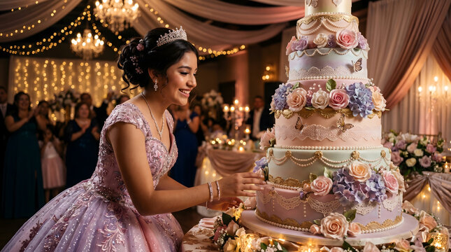 Smiling Latina Teenager with Elegant Quincea&ntilde;era Cake at Party