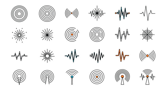 Comprehensive set of icons representing different waves, radio signals, frequencies, and antenna transmissions.