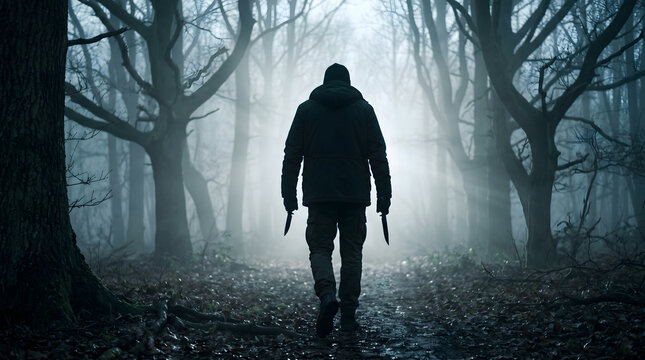 Man with knives walking in foggy forest