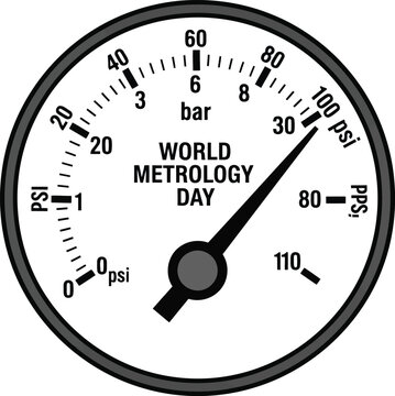 Circular pressure gauge showing World Metrology Day concept with units for bar and psi measurements on a round dial