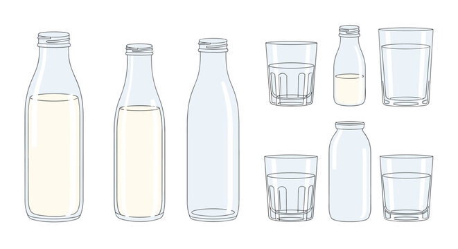 Collection of glass bottles and cups filled with fresh milk or clear water displayed in various sizes and shapes.
