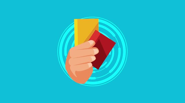 Referee hand holding yellow and red cards with animated circuit board background in motion.