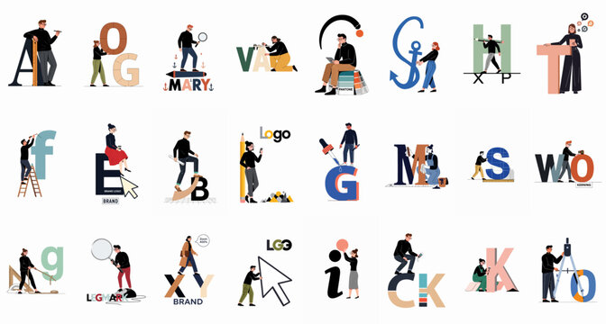 Set of illustrations featuring designers and artists working on typography, branding, and logo design projects through various creative processes.