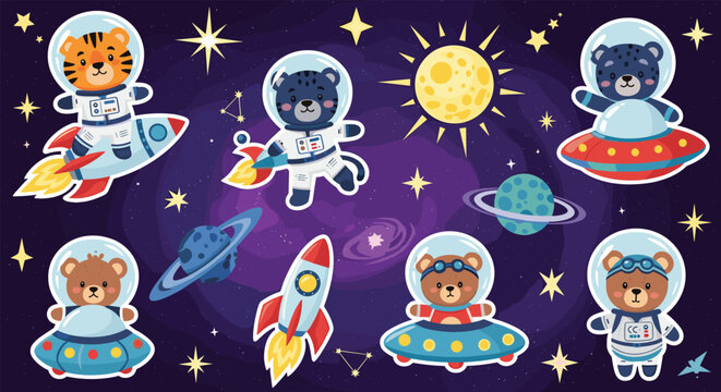 Whimsical space adventure illustrations featuring cute animals dressed as astronauts exploring the universe among stars and planets.