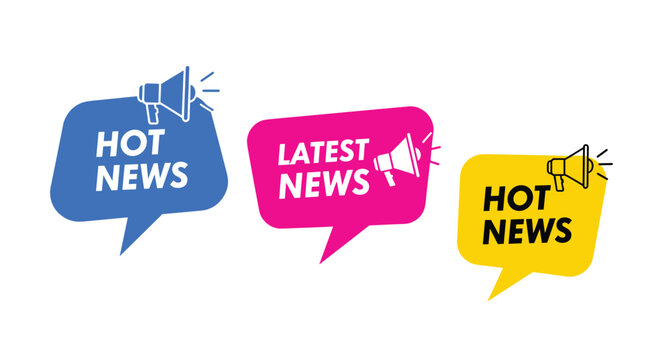 Vibrant speech bubbles containing megaphones and text for hot news and latest updates alerts in a modern graphic style.
