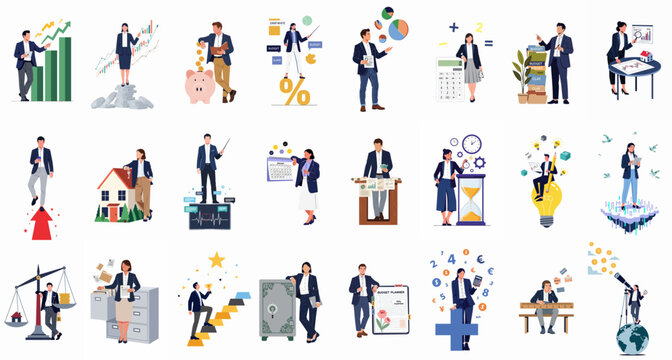 Collection of various business and finance themed flat vector illustrations depicting professional people engaged in accounting, investment, financial planning, and career success concepts.
