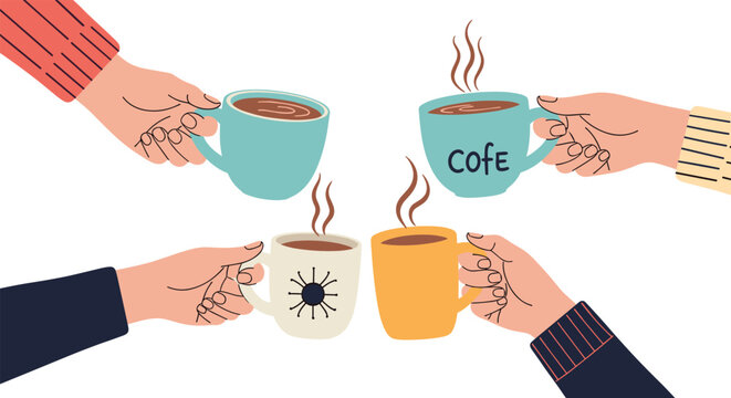 Close up of four hands raising coffee mugs in a cheerful toast with steam rising from the hot beverages in various cup designs.