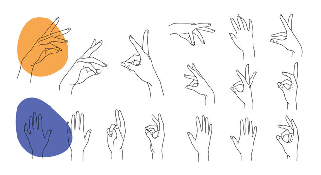 Set of expressive hand gestures shown in minimalist line art with colorful abstract background shapes for sign language or art.