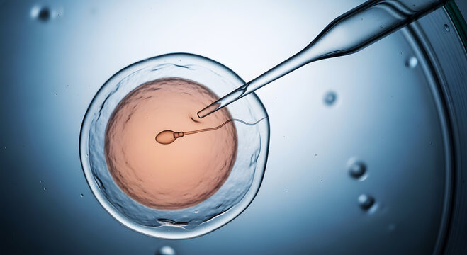 Sperm entering egg cell during microscopic assisted reproduction procedure fertilization