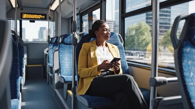 Black professional woman on bus scrolling smartphone, smiling during daytime commute, urban skyline visible through window, blue patterned seats and ticket validator in foreground, natural sunlight